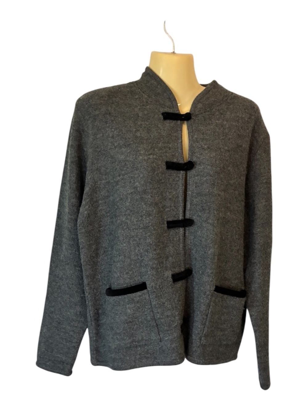 Tally Ho 100% Wool Cardigan Sweater Frog Fasteners Vintage Gray Black Trim Small